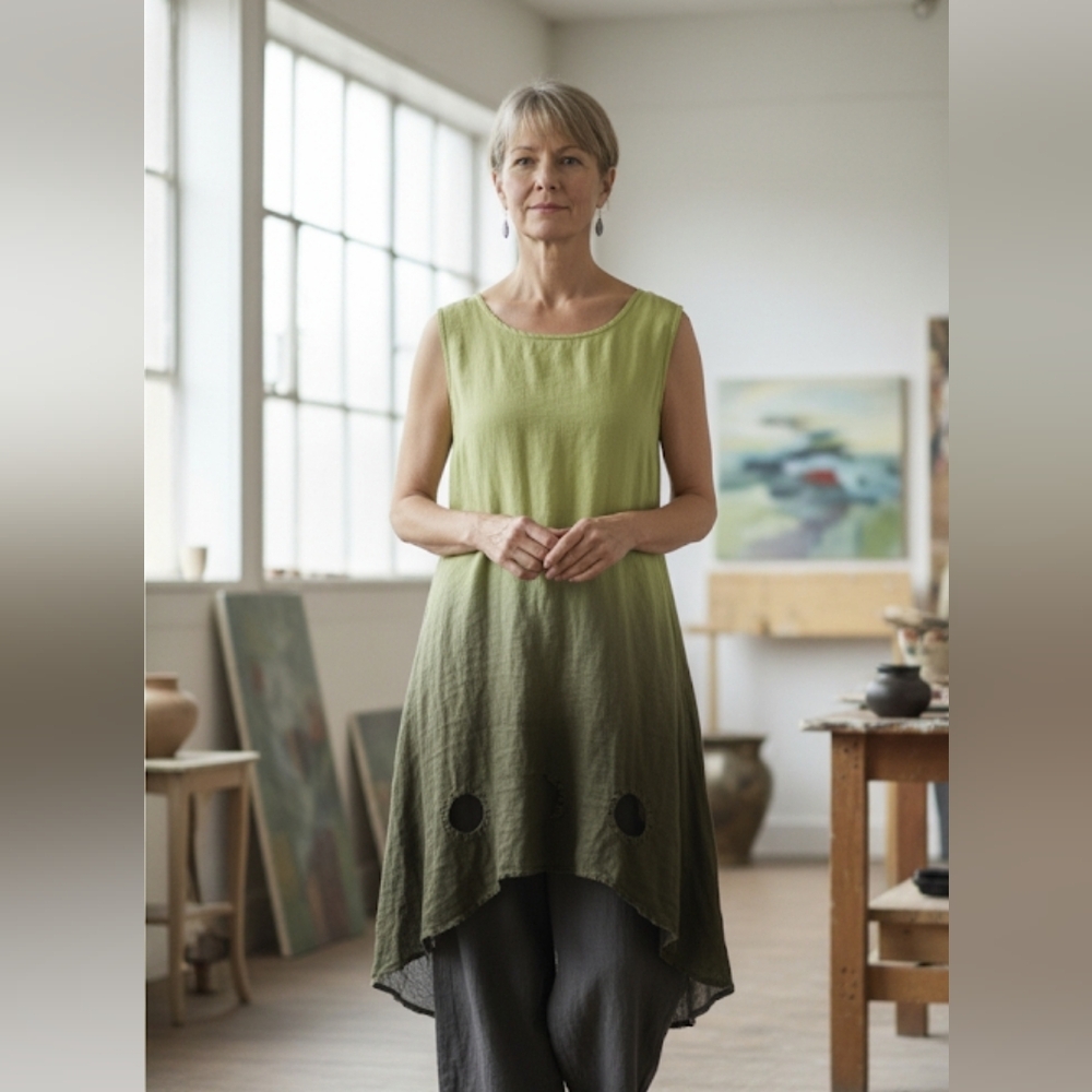 Cheyenne 100% Linen Green Ombre Midi Dress O/S
